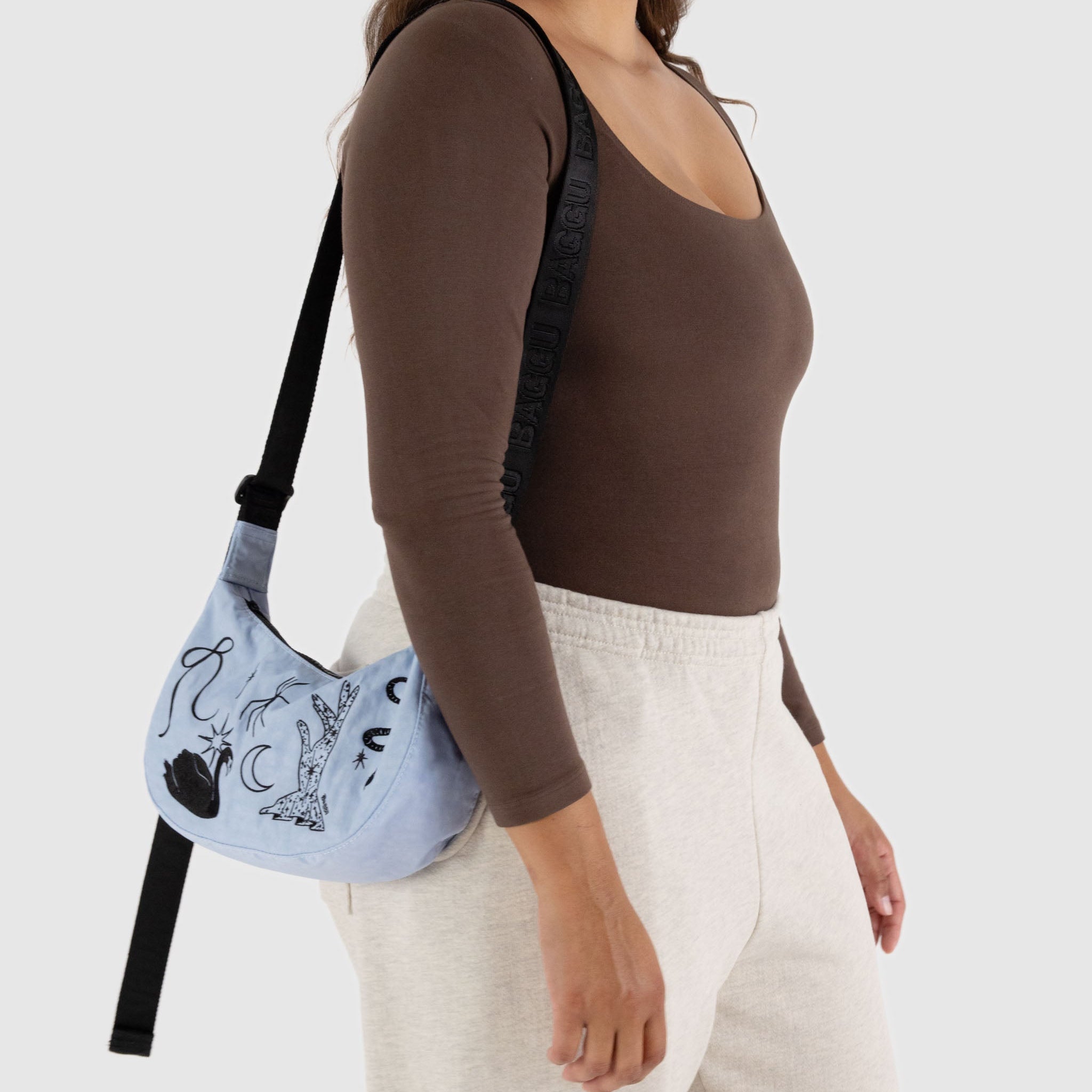 BAGGU Small Nylon Crescent Bag (Embroidered Ballet Icons)