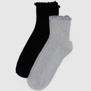 BAGGU Lettuce Edge Sock Set Of 2 - Heather Grey & Black