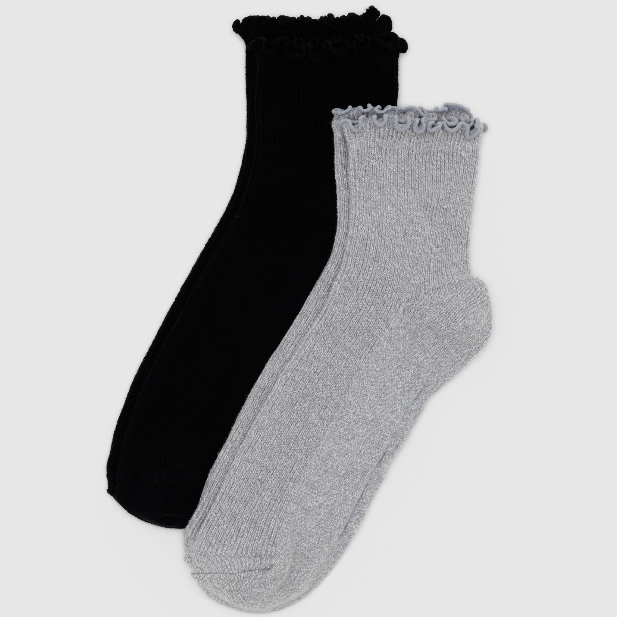 BAGGU Lettuce Edge Sock Set Of 2 - Heather Grey & Black